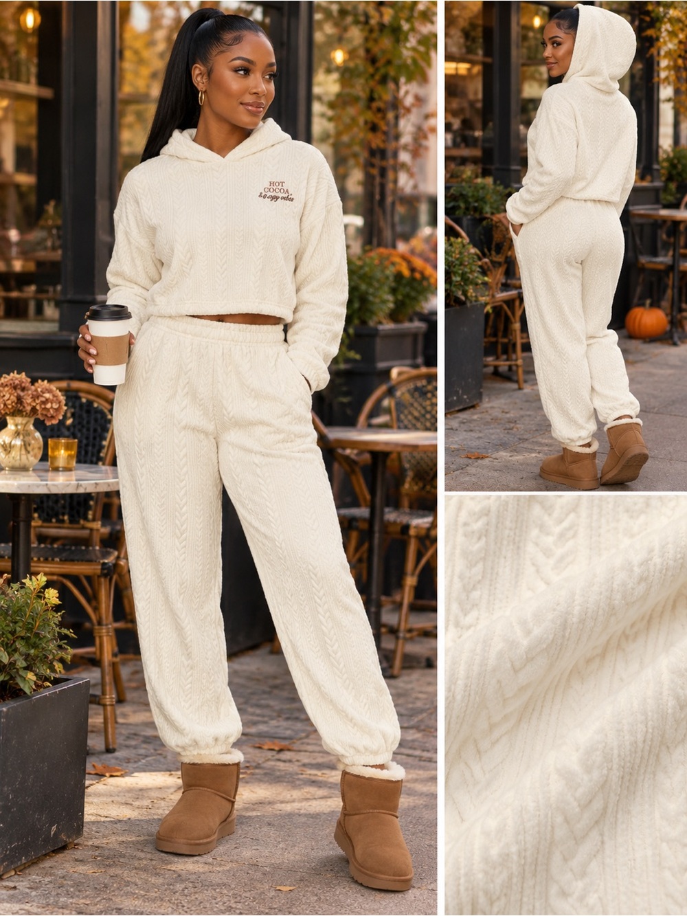 Cozy Cable-Knit Cream Hoodie & Joggers Set - Women's Lounge Tracksuit